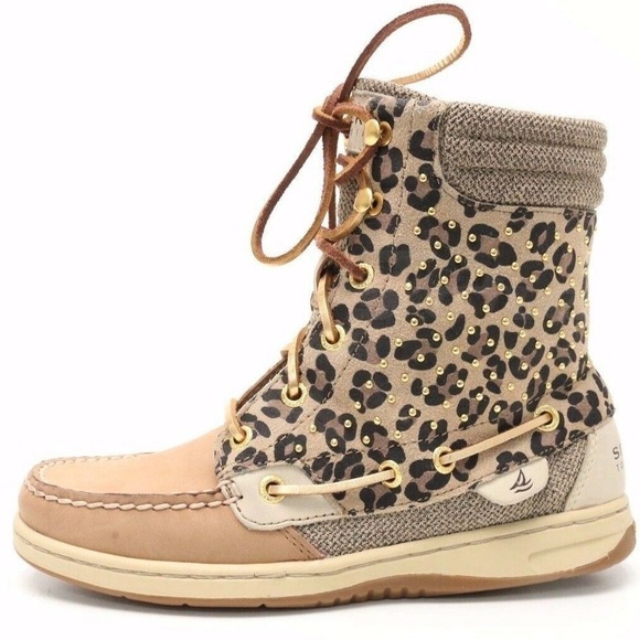 Sperry Women’s Sz 6.5 Hikerfish Boots Tan Leopard Leather Gold Studded Lined NEW - Picture 1 of 7
